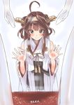  ahoge artist_name bare_shoulders brown_hair commentary detached_sleeves double_bun dress hairband headgear japanese_clothes kantai_collection kongou_(kantai_collection) long_hair nontraditional_miko sensen solo wedding_dress window_shopping 