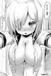 blush bottomless breasts danbo_(rock_clime) greyscale hair_ornament hair_over_one_eye hairclip hamakaze_(kantai_collection) highres kantai_collection large_breasts monochrome open_clothes open_mouth open_shirt shirt short_hair solo translated 