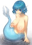 bare_shoulders blue_eyes blue_hair blush breast_hold breasts collarbone downscaled drill_hair head_fins huge_breasts jpeg_artifacts lactation looking_at_viewer looking_up md5_mismatch mermaid monster_girl nipples nude open_mouth oruka_(kamituki0827) partially_submerged resized short_hair simple_background slime smile solo tongue tongue_out touhou wakasagihime water 