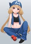  bandana blonde_hair blush collarbone cosplay futaba_anzu idolmaster idolmaster_cinderella_girls long_hair navel poke_ball pokemon pokemon_(game) ratsuku_kinoko smirk solo stomach team_aqua_uniform twintails 