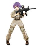  absurdres aimpoint ar-15 artist_request assault_rifle belt body_armor camouflage digital_camouflage flare flash_suppressor full_body gloves glowstick gun heckler_&amp;_koch highres hk416 holding kansen_x_shoujo knee_pads light_smile load_bearing_vest marpat maruyama_iroha military military_uniform pigeon-toed plate_carrier ponytail purple_eyes purple_hair rifle simple_background solo stanag_magazine standing uniform vertical_foregrip weapon white_background 
