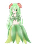  bellossom blush breasts cleavage flower front-tie_top gen_2_pokemon green_eyes green_hair groin hair_flower hair_ornament hand_on_hip long_hair medium_breasts navel one_eye_closed personification pokemon shirt skirt solo very_long_hair 