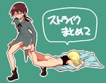  angry aqua_background ass barefoot black_ribbon blonde_hair bob_cut bottomless brown_eyes brown_hair constricted_pupils dragging erica_hartmann gertrud_barkhorn hair_ribbon kodamari lazy long_hair long_sleeves looking_at_another military military_uniform multiple_girls no_panties outline ribbon short_hair simple_background strike_witches translated twintails uniform walking world_witches_series 