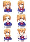  alternate_hairstyle bangs bangs_pinned_back blonde_hair blue_eyes bow bowtie closed_eyes double_bun forehead hair_between_eyes hair_bow hair_bun hair_down hair_up hairband head_tilt heart highres kamisa kousaka_honoka light_brown_hair looking_at_viewer love_live! love_live!_school_idol_project low_twintails multiple_views one_side_up open_mouth orange_bow red_bow red_neckwear school_uniform side_ponytail smile translated twintails 