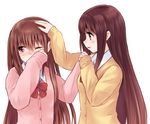  achiga_school_uniform atarashi_ako blush brown_hair cardigan hair_down hand_on_another's_head long_hair matsumi_kuro multiple_girls pink_cardigan red_eyes saki saki_achiga-hen smile suzushiro_yukari tears wiping_tears 