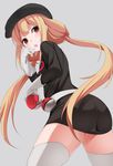  ass blonde_hair brown_eyes candy cosplay food futaba_anzu hat idolmaster idolmaster_cinderella_girls lollipop long_hair poke_ball poke_ball_(generic) pokemon ratsuku_kinoko solo team_rocket_uniform thighhighs twintails zettai_ryouiki 