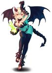  artist_name black_legwear breasts collar fire flame foxfoot green_fire horns long_hair looking_at_viewer medium_breasts monster monster_girl navel original pointy_ears red_eyes simple_background smile solo tail white_background wings 