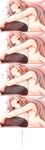  bangs breasts closed_eyes cushion eyes_visible_through_hair from_side highres jun'you_(kantai_collection) kantai_collection large_breasts long_hair long_image looking_at_viewer lying on_stomach parted_bangs pointy_hair purple_eyes purple_hair r_(shioaji) spiked_hair tall_image tareme translated 