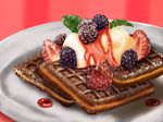  berry blackberry_(fruit) commentary_request food fruit no_humans original plate raspberry red_background strawberry waffle 
