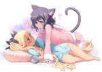  animal_ears bare_legs barefoot black_hair blonde_hair blush cat_ears cat_tail cellphone curly_hair cyan_(show_by_rock!!) dark_skin dog_tail eye_contact glasses green_eyes heart kokotetsu long_hair looking_at_another lying multiple_girls on_side open_mouth pajamas phone pillow retoree short_hair show_by_rock!! tail twintails very_long_hair wavy_mouth yellow_eyes yuri 