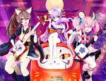  a_(show_by_rock!!) animal_ears barefoot breasts cat_ears cat_tail cleavage crossed_legs daru_dayu daruma_doll detached_sleeves fox_ears instrument ishikkoro japanese_clothes kimono kimono_skirt kiseru leg_warmers long_hair looking_at_viewer medium_breasts multiple_girls off_shoulder oiran pink_hair pipe ponytail purple_hair shamisen show_by_rock!! smile tail un_(show_by_rock!!) v yellow_eyes 