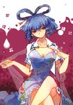  blue_dress blue_eyes blue_hair breasts cleavage collarbone come_hither crossed_legs dress dress_tug floral_print hair_ornament hair_rings hair_stick half-closed_eyes head_tilt kaku_seiga large_breasts looking_at_viewer open_clothes open_vest shawl short_hair short_sleeves sitting smile solo touhou vest yetworldview_kaze 