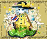 blue_eyes blue_hair bow commentary_request flower frame frilled_sleeves frills hat hat_bow holding komeiji_koishi moyo_(amaniwa) pleated_skirt shirt simple_background skirt skirt_set smile solo standing star string third_eye touhou water_drop wide_sleeves 