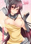 :&gt; apron black_hair blush breasts breasts_outside elbow_gloves gloves hairband headgear highres kantai_collection kaya_(kaya_127) large_breasts long_hair nagato_(kantai_collection) naked_apron nipples red_eyes smile solo 
