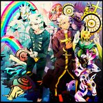  black_border border brothers bullet c-moon_(stand) cd cloud coin enrico_pucci frog gears highres horns jewelry jojo_no_kimyou_na_bouken made_in_heaven_(stand) multiple_boys perla_pucci rainbow ring robe siblings sky snail stand_(jojo) star_(sky) starry_sky stone_ocean weather_report weather_report_(stand) white_hair whitesnake_(stand) yyy246 
