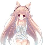  animal_ear_fluff animal_ears brown_hair fox_ears long_hair no_pants off_shoulder open_mouth original p19 red_eyes shirt solo striped striped_shirt tail transparent_background very_long_hair 