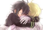  ahoge black_hair blonde_hair gloves hug hyakuya_mikaela hyakuya_yuuichirou male_focus military military_uniform minato_(marumira) multiple_boys owari_no_seraph tears uniform 