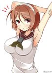  arms_up artist_name blush breasts brown_eyes brown_hair hairband japanese_clothes kankitsunabe_(citrus) kantai_collection large_breasts looking_at_viewer miko natori_(kantai_collection) open_mouth outstretched_arms school_uniform serafuku short_hair solo stretch twitter_username upper_body white_background white_hairband 