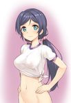  blush bottomless breasts covered_nipples green_eyes gym_uniform hands_on_hips jpeg_artifacts long_hair love_live! love_live!_school_idol_project low_twintails medium_breasts navel no_bra out-of-frame_censoring scrunchie shirt solo takayaki tied_shirt toujou_nozomi twintails wavy_mouth 