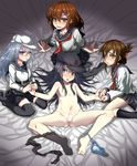  akatsuki_(kantai_collection) black_hair blue_eyes blue_panties censored flat_chest hair_censor hat hibiki_(kantai_collection) ikazuchi_(kantai_collection) inazuma_(kantai_collection) kantai_collection long_hair multiple_girls nipples object9991 panties panties_around_one_leg pantyhose remodel_(kantai_collection) school_uniform serafuku short_hair silver_hair spread_legs thighhighs underwear verniy_(kantai_collection) 