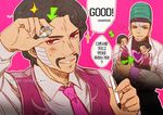  artist_name black_hair brothers check_translation daniel_d'arby directional_arrow doll earrings facial_hair green_hair headband jacket jewelry jojo_no_kimyou_na_bouken korean multiple_boys mustache necktie pen poker_chip red_eyes siblings stardust_crusaders tattoo terence_trent_d'arby tianel_ent translation_request vest 