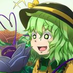  :d colored_eyelashes eyebrows flower green_eyes green_hair hat highres komeiji_koishi open_mouth piyodesu portrait shirt short_hair smile solo third_eye touhou 