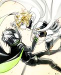  ahoge black_hair blonde_hair blue_eyes boots cloak gloves green_eyes holding_hands hyakuya_mikaela hyakuya_yuuichirou male_focus military military_uniform multiple_boys nishikiori open_mouth owari_no_seraph uniform white_gloves 