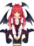  absurdres bat_wings black_legwear blush book breasts cleavage dress_shirt full_body head_wings high_heels highres kitou_kaitai koakuma large_breasts long_hair long_sleeves looking_at_viewer mary_janes nail_polish necktie open_mouth red_eyes red_hair red_nails red_neckwear shirt shoes simple_background sitting skirt solo thighhighs touhou tsurime undone_necktie vest wariza white_background wings zettai_ryouiki 