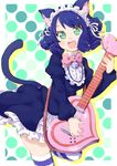  animal_ears bell blue_hair cat_ears cat_tail curly_hair cyan_(show_by_rock!!) guitar instrument open_mouth shishio_(artist) show_by_rock!! strawberry_heart striped striped_legwear tail 