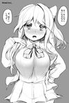  blush breasts danbo_(rock_clime) greyscale hair_ribbon hand_on_hip highres kantai_collection large_breasts looking_at_viewer monochrome naganami_(kantai_collection) open_mouth ribbon skirt solo translation_request 