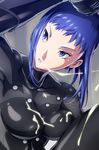  blue_eyes bodysuit cum cum_on_body cum_string ghost_in_the_shell ghost_in_the_shell_arise kusanagi_motoko purple_hair shino_(comic_penguin_club) short_hair solo 