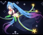  alternate_costume arcade_sona arm_warmers blue_eyes blue_hair blue_nails blush breasts cleavage crosshair fingerless_gloves gloves hair_ornament jewelry large_breasts league_of_legends long_hair midriff mx2j_(nsh6394) nail_polish necklace smile solo sona_buvelle twintails very_long_hair 