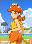  ass baseball baseball_bat blue_eyes brown_hair cloud clouds crown earrings jewelry looking_at_viewer looking_back luigi nintendo princess_daisy short_hair shorts signature sleeveless smile super_mario_bros. super_mario_land 