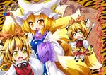  animal_ear_fluff animal_ears blonde_hair chibi dress fang fox_tail hair_ornament hat kazami_karasu long_sleeves multicolored_hair multiple_girls multiple_tails neck_ribbon open_mouth pillow_hat ribbon short_hair sleeves_past_wrists tabard tail tassel tiger_ears toramaru_shou touhou two-tone_hair white_dress wide_sleeves yakumo_ran yellow_eyes 