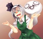  bad_id bad_pixiv_id commentary_request dress green_dress green_eyes grin hairband konpaku_youmu konpaku_youmu_(ghost) shrug smile touhou troll_face white_hair youkou_(popokara) 