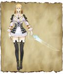  alternate_costume alternate_hair_color alternate_headwear alternate_legwear alternate_weapon blonde_hair bloodstained:_ritual_of_the_night blue_eyes concept_art dress frilled_dress frills hair_ornament miriam_(bloodstained) natsume_yuji official_art solo standing sword thighhighs weapon 