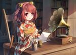  apron bell book bookshelf chair cup desk eyewear_removed glasses hair_bell hair_ornament holding holding_eyewear japanese_clothes jingle_bell kimono long_sleeves motoori_kosuzu open_mouth pen phonograph pink_eyes red_hair sitting smile solo teacup touhou two_side_up wide_sleeves xiaoyin_li 