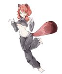  animal_ears bad_id bad_pixiv_id bare_shoulders barefoot berver breasts detached_sleeves full_body looking_at_viewer medium_breasts midriff navel original pants raccoon_ears raccoon_tail red_hair running simple_background smile solo tail underboob white_background yellow_eyes 