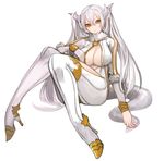  blonde_hair borrowed_character breasts cleavage fur_trim high_heels horns large_breasts long_hair pixiv_fantasia pointy_ears pupps sitting smile solo tail white_background white_hair 