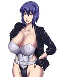  breasts female ghost_in_the_shell ghost_in_the_shell_stand_alone_complex jacket kusanagi_motoko large_breasts ml purple_hair simple_background solo white_background 