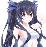  :o artist_name black_hair blush collarbone hair_ribbon hand_behind_head keenh long_hair naked_towel neptune_(series) noire red_eyes ribbon solo towel twintails upper_body white_background 