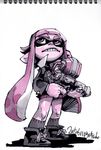  alternate_costume blazer dated domino_mask full_body high_collar hirano_masanori inkling jacket long_hair mask monster_girl pink_eyes pink_hair pleated_skirt pointy_ears scan scan_artifacts school_uniform shoes signature simple_background skirt sneakers socks solo splatoon_(series) splatoon_1 splattershot_(splatoon) super_soaker tentacle_hair traditional_media 