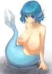  bare_shoulders blue_eyes blue_hair blush breast_hold breasts collarbone downscaled drill_hair head_fins huge_breasts jpeg_artifacts looking_at_viewer looking_up md5_mismatch mermaid monster_girl nipples nude oruka_(kamituki0827) partially_submerged resized short_hair simple_background smile solo touhou wakasagihime water 