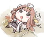  ahoge brown_hair chibi detached_sleeves double_bun drooling hairband kantai_collection kongou_(kantai_collection) long_hair long_sleeves lowres lying minono_aki on_back open_mouth remodel_(kantai_collection) skirt solid_circle_eyes solo triangle_mouth yellow_hairband 