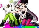  :o ;d akira_ry0 animal aori_(splatoon) black_hair cat collarbone cousins detached_collar domino_mask dress earrings fangs flag food food_on_head gloves green_legwear grey_hair hand_on_another's_shoulder hand_on_own_knee hotaru_(splatoon) jajji-kun_(splatoon) jewelry kneeling knees_together_feet_apart long_hair mask mole mole_under_eye multiple_girls object_on_head one_eye_closed open_mouth orange_eyes paint paint_splatter pantyhose pointy_ears purple_legwear shadow short_hair short_jumpsuit simple_background sitting smile splatoon_(series) splatoon_1 squid strapless strapless_dress sushi symbol-shaped_pupils tentacle_hair unitard v white_background white_gloves 