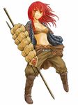  bandeau belt blue_coat boots cervus coat eye_print facial_tattoo looking_at_viewer madu_(weapon) midriff open_clothes open_coat orange_eyes original pants polearm red_hair shells shield shirt simple_background solo spear tattoo weapon white_background 