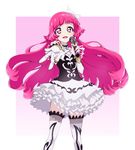  :d bangs dress enouchi_ai gloves gradient gradient_background hair_ornament holding houjou_sophie idol long_hair looking_at_viewer microphone open_mouth outside_border outstretched_arm pink_eyes pink_hair pretty_(series) pripara purple_eyes reaching red_hair smile solo thighhighs white_gloves 
