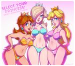  bebecake bikini blonde_hair blue_eyes brown_hair crown girl_sandwich gradient gradient_background jewelry long_hair multiple_girls nintendo princess_daisy princess_peach rosalina_(mario) rosetta_(mario) sandwiched short_hair super_mario_bros. super_mario_galaxy super_mario_land swimsuit 