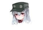  1girl bangs blush brown_eyes commentary_request dokomon eyebrows_visible_through_hair flat_cap g11_(girls_frontline) girls_frontline green_hat grey_hair hair_between_eyes hat head highres korean_commentary long_hair looking_at_viewer parted_lips portrait simple_background solo tears white_background 