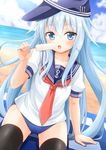  beach blue_eyes blue_hair blush day dutch_angle food fujishima_shinnosuke hat hibiki_(kantai_collection) kantai_collection long_hair looking_at_viewer md5_mismatch open_mouth popsicle school_uniform serafuku sitting solo thighhighs very_long_hair 